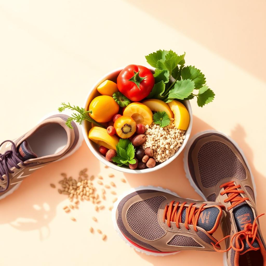 Bowl of fresh fruit and grains beside running shoes