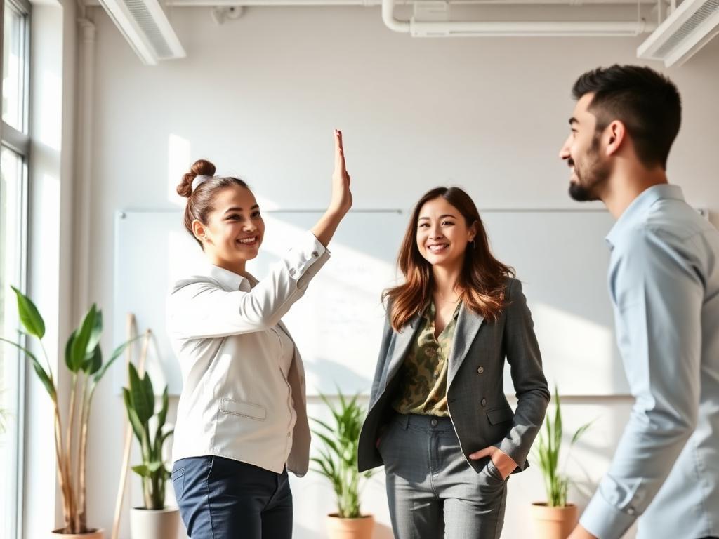 Team celebrating in a bright office